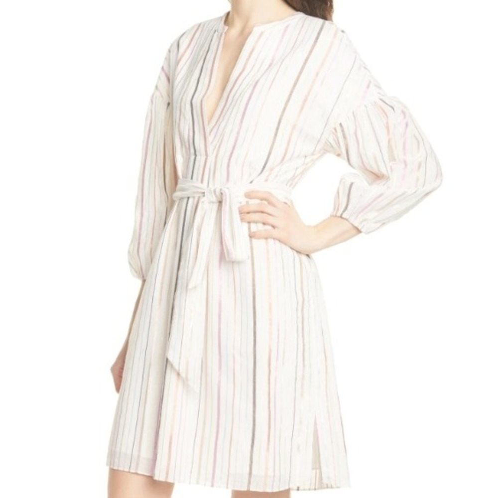 JOIE Women XS Semra Cotton Cream Metallic Striped Belted Long Sleeve Shirt Dress